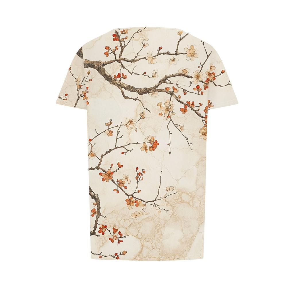 Damers Modeabla Lediga Plisserade Rundhalsrandiga Blomtryckta Kortärmade T-shirttopp