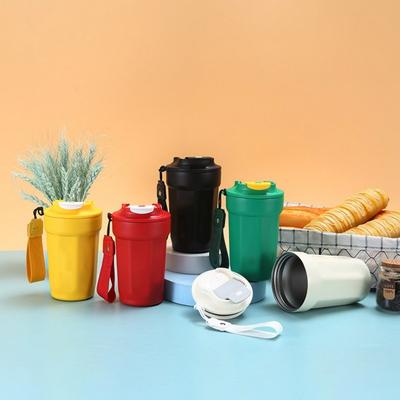 Taza de café con aislamiento al vacío de acero inoxidable, borde liso con cuerda de transporte, taza aislante para escritorio de oficina