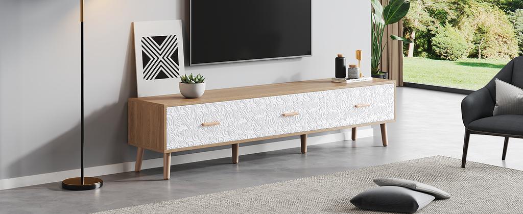 TV Low Panel Vintage, Wood TV Cabinet TV Table - Living Room Bedroom, Light Wood, Vintage Grain White Door Panel, 150*35*39cm
