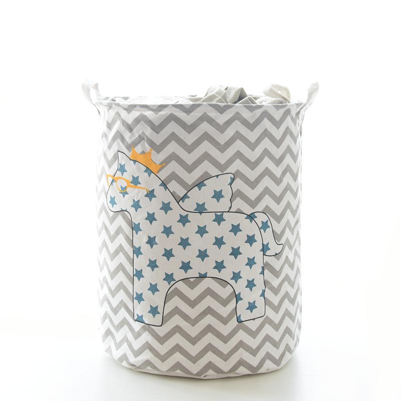 Nordic Cartoon Horse Cotton Linen Laundry Basket - Large Folding, Waterproof Storage for Clothes and Toys