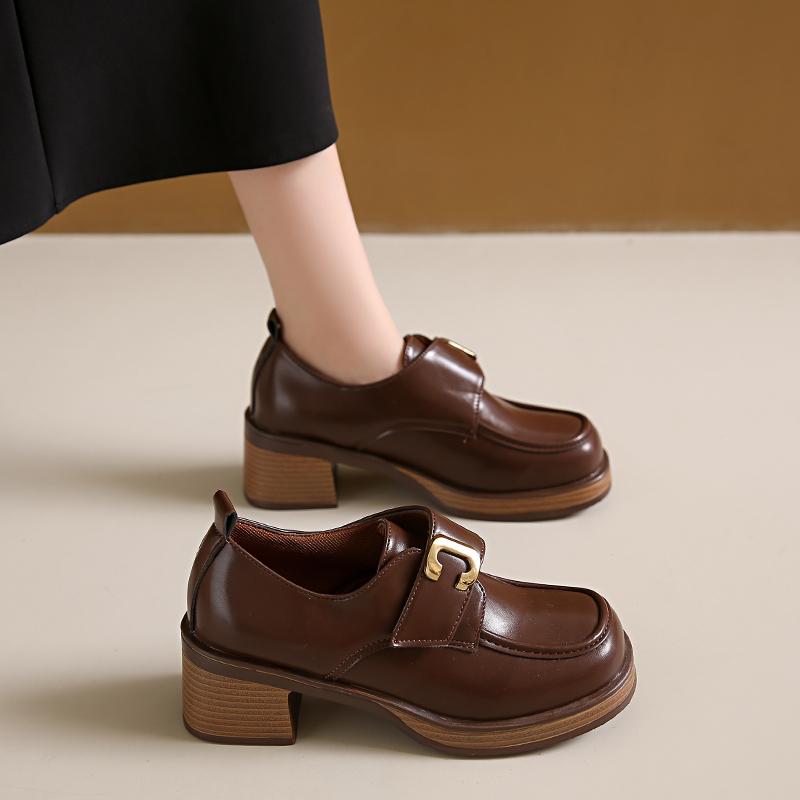 2024 Spring and Autumn Fashionable Women's High Heels High Quality Solid Color Square Toe Metal Decorated Thick Heel Loafers