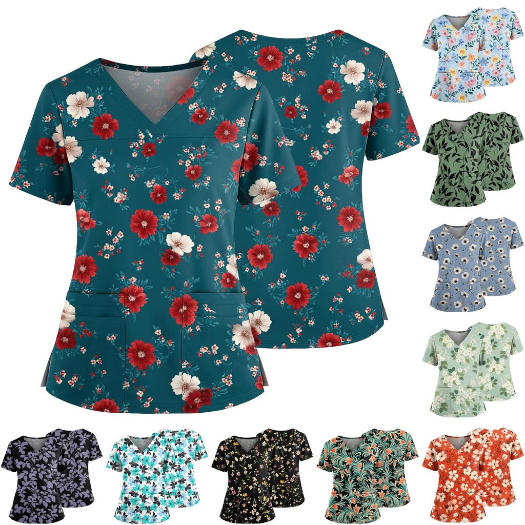 Women's Casual Printed V-Neck Pocket Side Slit Short Sleeved Top Short Sleeved Top