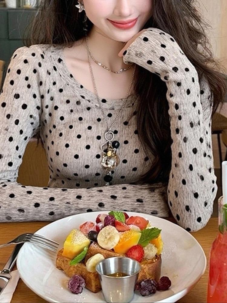 Women's Spicy Girl Polka Dot Color Block Long Sleeve Slim Fit Top - Autumn/Winter