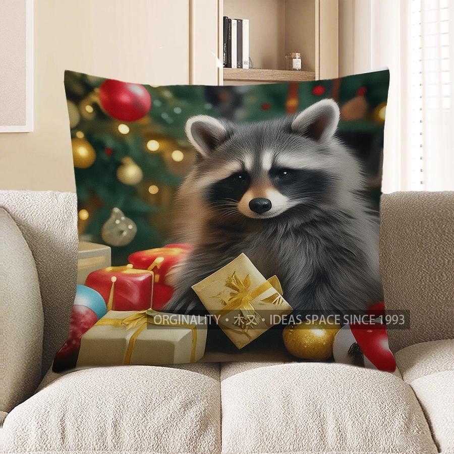 Home Decor Christmas Raccoon Cushion Cover With Holiday Charm Pattern Cushion Cover Suitable For Sofa Bedroom Car Pillow Cover