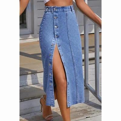 Damenmode, hoher Taillen-Jeansrock, Schlitz, langer Jeansrock