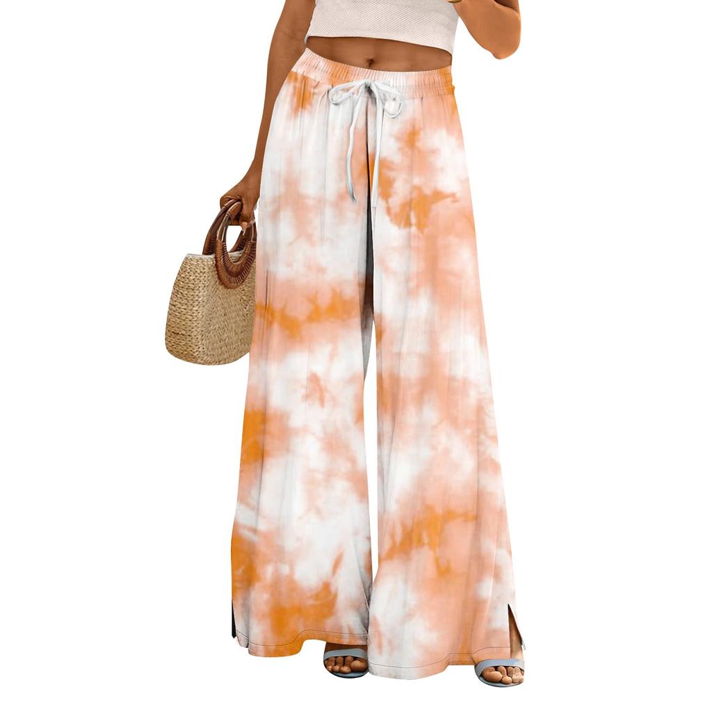 Women Summer Boho Palazzo Pants High Waist Wide Leg Floral Printing Casual Trousers With Pockets