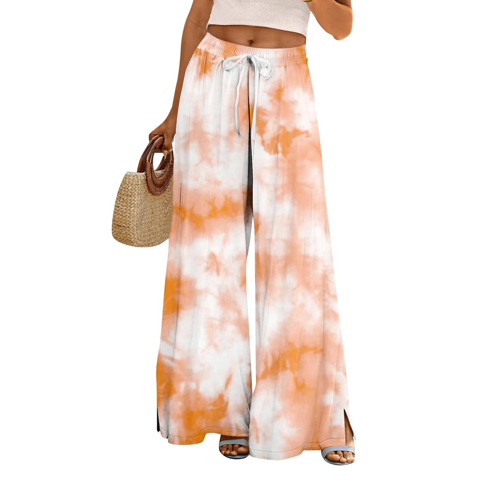 

Женские летние брюки-палаццо в стиле бохо с высокой талией, широкие повседневные брюки с цветочным принтом и карманами XXL оранжевый