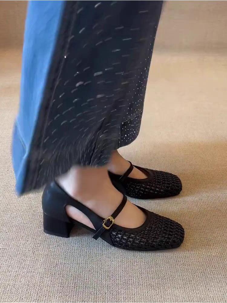 New Versatile Thick-heeled Sandals Women's Woven Hollow One-word with Square Head Imitation Leather Versatile Fashion Sandals