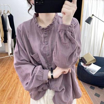Women Pure Cotton Long Sleeved Shirt for Women Spring Autumn Loose Retro Top Pleated Base Shirt