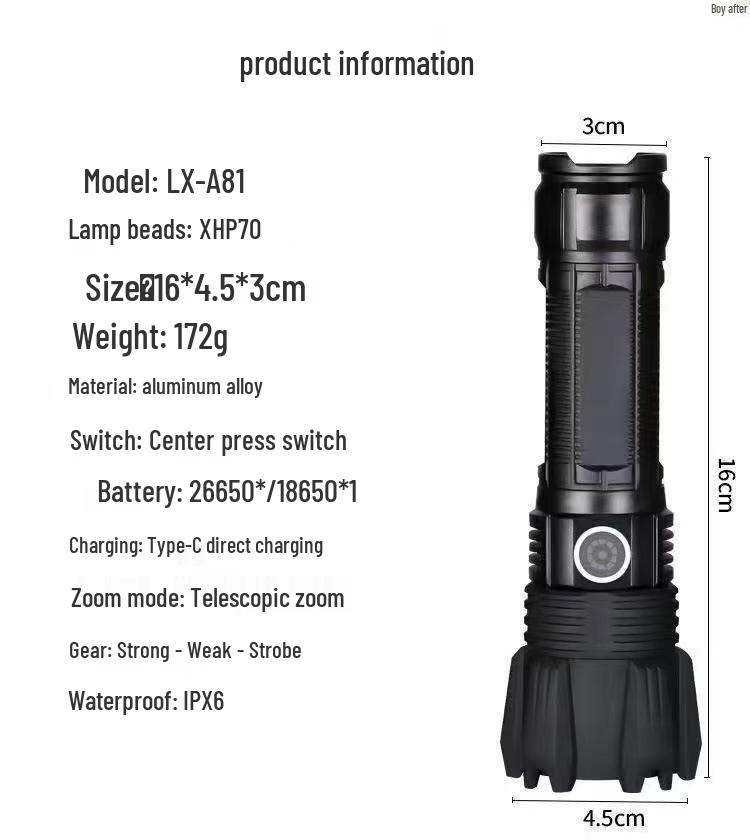 P70 Super Bright Long-Range USB Rechargeable Waterproof Flashlight with Telescopic Zoom