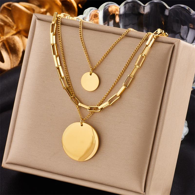 

A fashionable and individual stacked style alloy geometric round plate gold chain adjustable multi-layer women s necklace