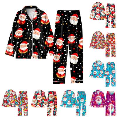 Child 2 Piece Christmas Day Printed Suit Long Sleeve Button Up Top Wide Leg Pants Suit Set Pajamas Home Casual Suit