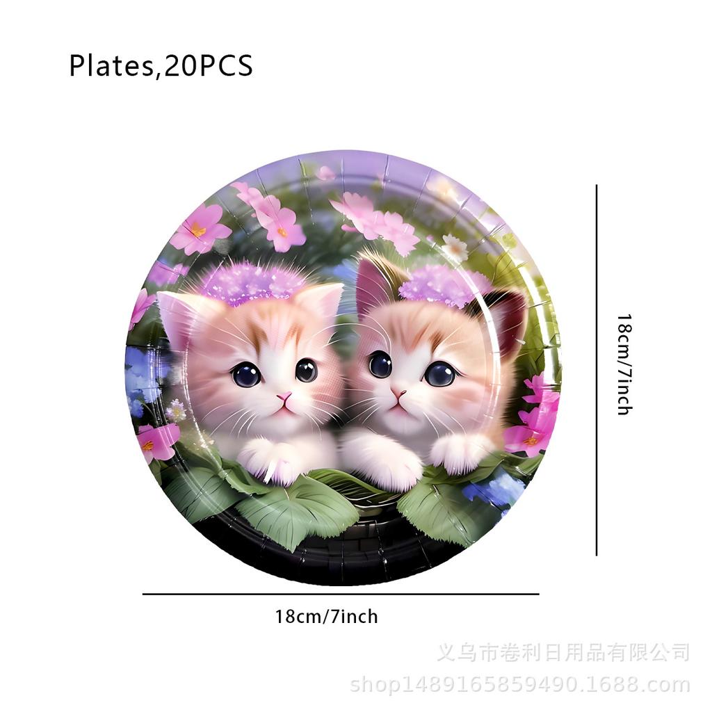 Cat Flower Theme Party Supplies Cat Party Tableware Disposable Paper Plates Paper Cups Paper Towels