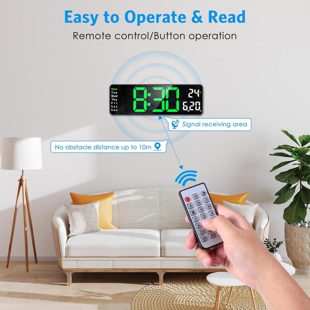 Digital LED Clock, Alarm Clock, Table Clock, Time, Date, Calendar Display, Brightness Adjustable, Large Screen, Dual Alarm Function, Waterproof, Loud
