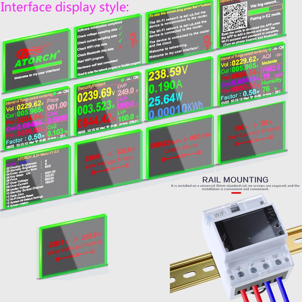 Rail Mounting Electricity Usage Monitor 2.4inch Color Display Digital Energy Meter Switch Breaker AC85V-265V 100A 26.5kW
