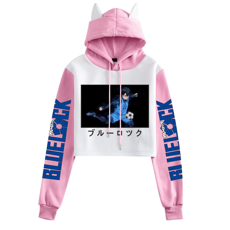 Blue Lock Cat Ear Color Block Hoodie with Plus Velvet
