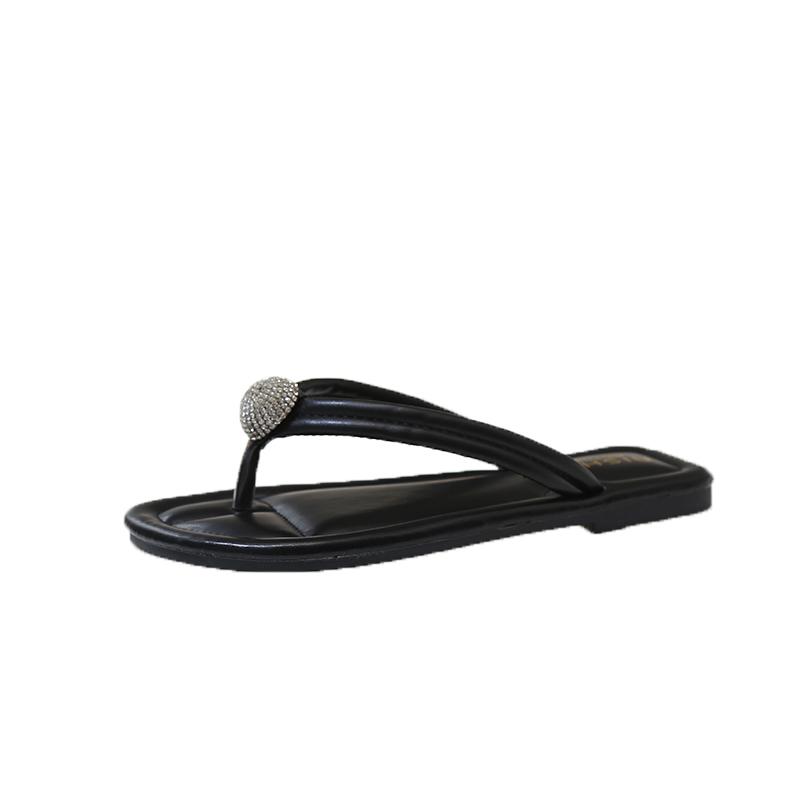 Fashion Summer New Style Flip-flops Ladies Fashion Round Head Crystal Buckle Soft Sole Non-slip Wear-resistant Beach Sandals
