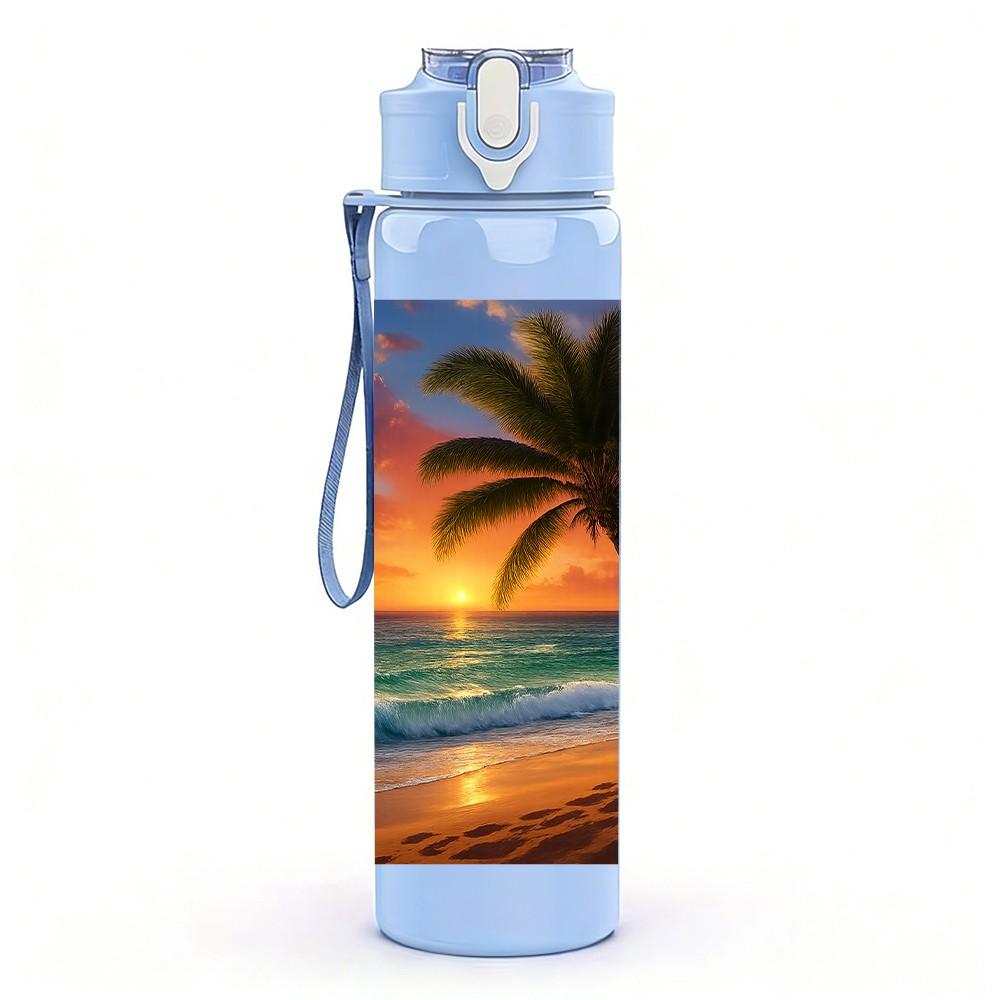 1PC Palm Tree Beach Sunset Ocean 750ml Color Plastic Sports Water Bottle Leakproof Flip Straw Lid Suitable for Sports Office Home Use