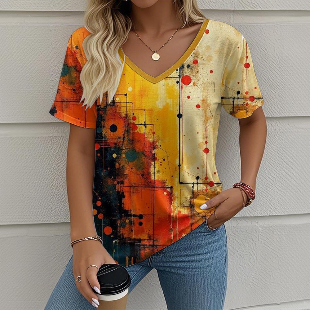 Oil Painting Architectural 3D Print T-shirt Women Streetwear Casual T Shirts Tops Woman Harajuku V-Neck Tees Oversized Clothing