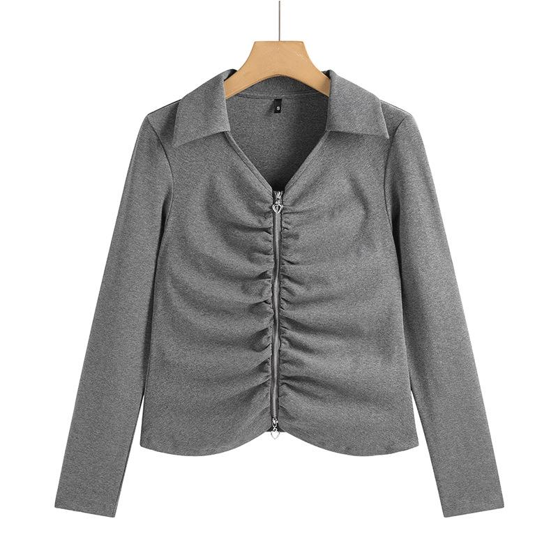 

Женская футболка на весну и осень с лацканами, застежкой-молнией из хлопка, плиссированный топ, модный тонкий короткий кардиган с высокой талией, длинный рукав, маленькая рубашка M