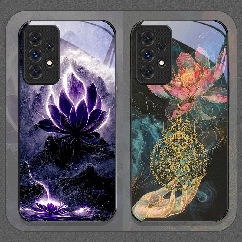 Luxus Blumendekor Lotusblumenmuster Gehärtetes Glas Handyhülle für Samsung Galaxy A56 A55 A54 A53 A52 A36 A14 A31 A51 5G Hülle
