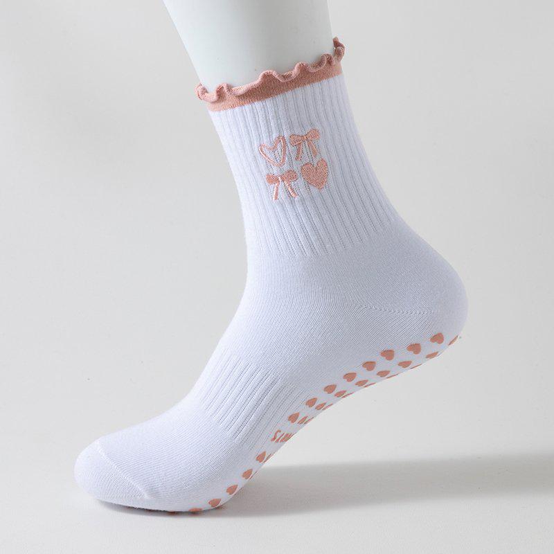 Women's Mid-Calf Non-Slip Yoga Socks with Bow and Heart Embroidery