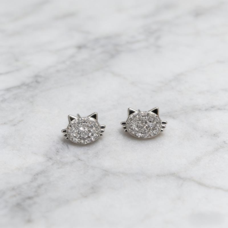 Beixi S999 Silver Needle Cat Ear Studs - Full Diamond Cute Fairy Style Earrings for Ear Hole Care.