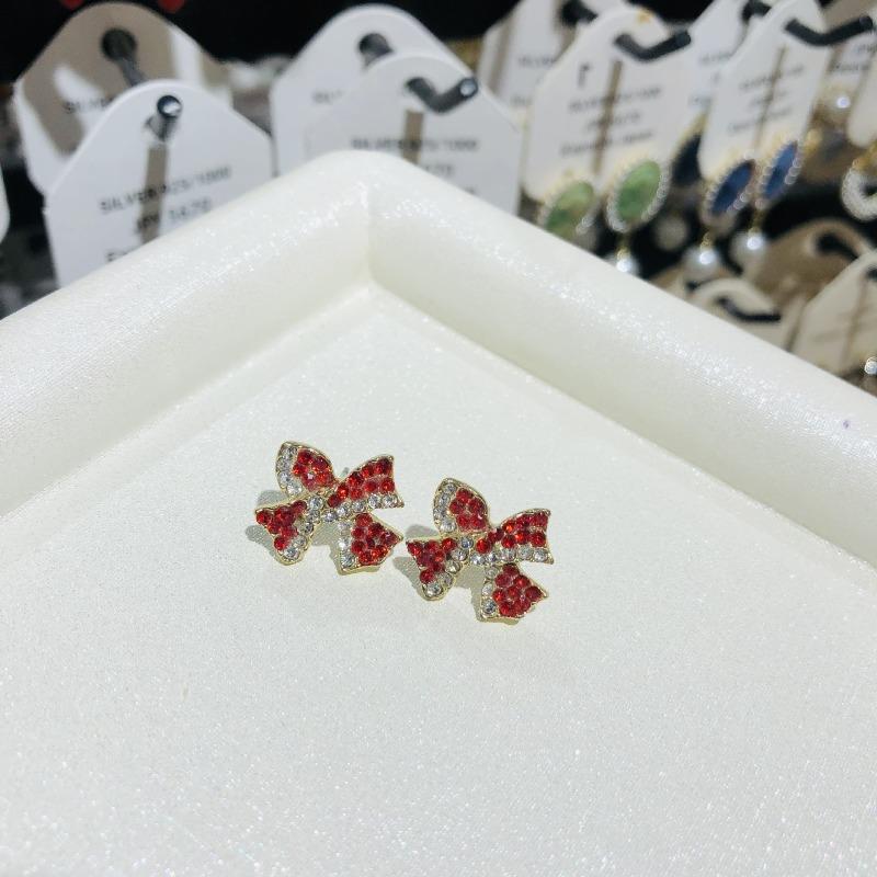 New Style Temperament Red Color Christmas Bow Stud Earrings for Women Rhinestone Bowknot Red Ball Earring Girls Party Jewelry