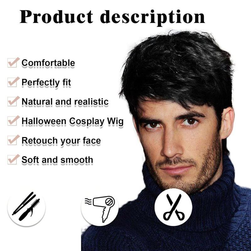 Mens Short Straight Wig With Side Bangs Heat Resistant Synthetic Hair Natural Look Any Face Shape