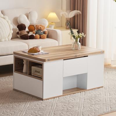 Liftable Multifunctional Coffee Table - Tabletop Opens Into 2 Tables, White + Original Wood Color, Large Capacity, Modern Living Room Furniture