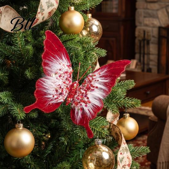 Elegant Christmas Garland Decorations Velvet Butterfly Ornaments, Artificial Glitter Sequins Xmas Tree Three Dimensional Ornaments Decoration