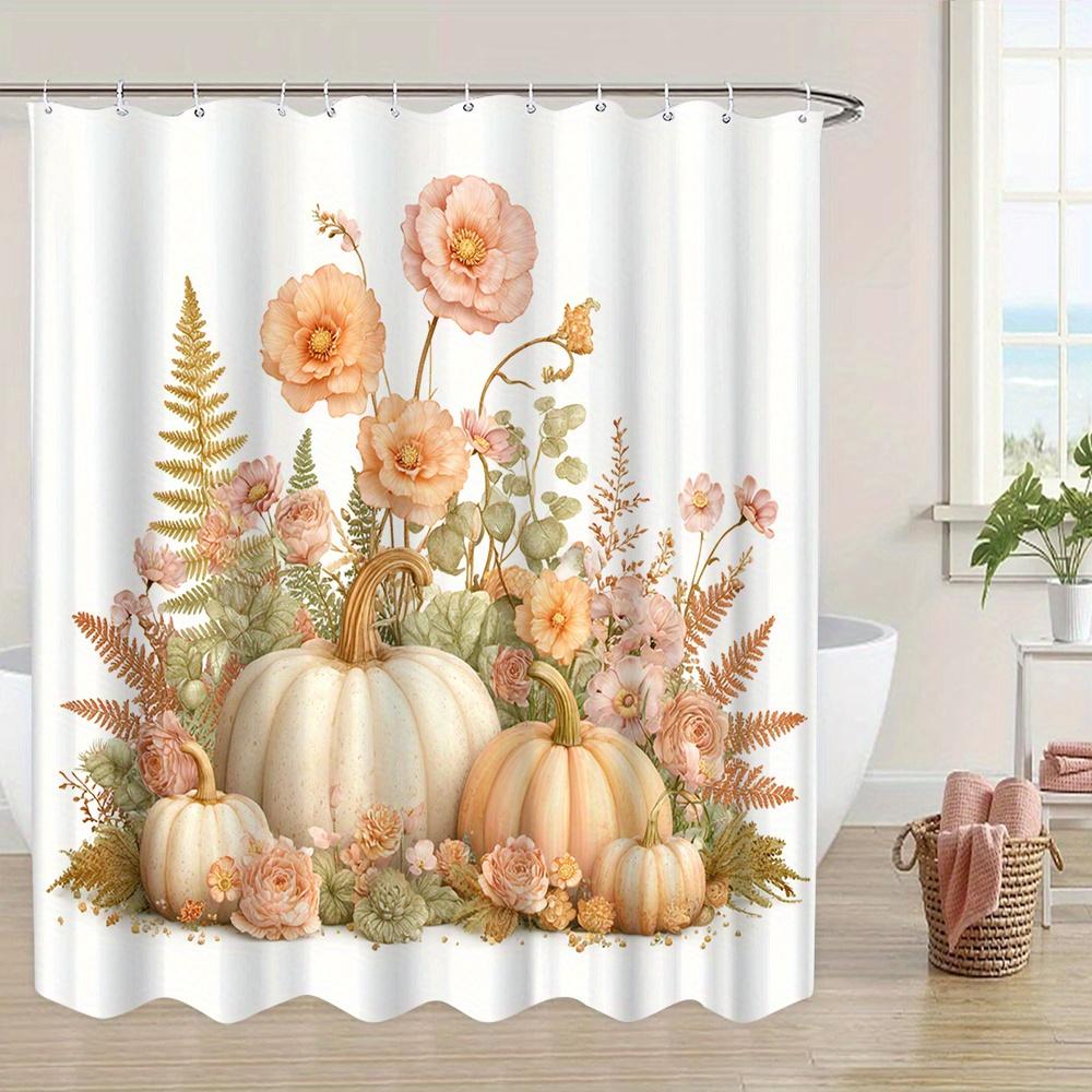 1Pc Fall Shower Curtain Autumn Floral Pumpkin Design With Pink Roses, Greenery & Golden Foliage - Beige & Golden Bathroom Decor,
