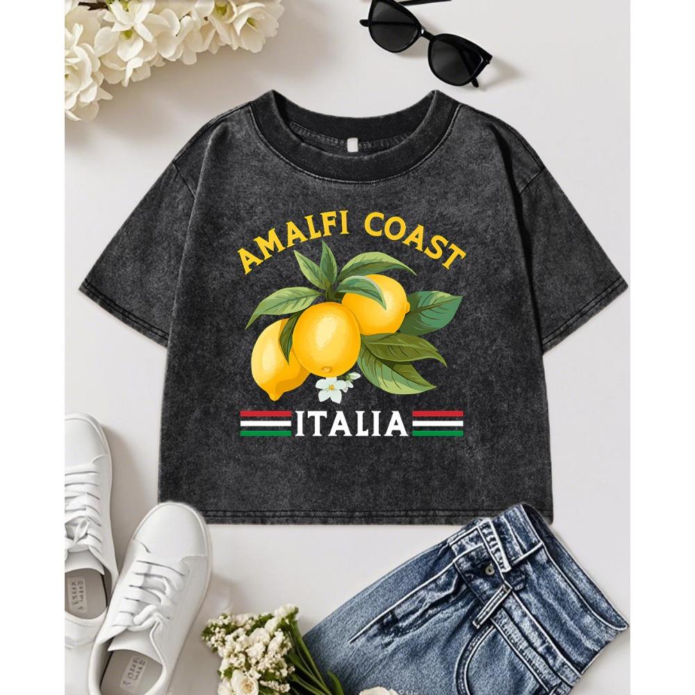 Amalfi Coast Lemon Fruit Italia Print Women Washed Crop T Shirts Slim Crewneck T-Shirt Y2K Casual Tops