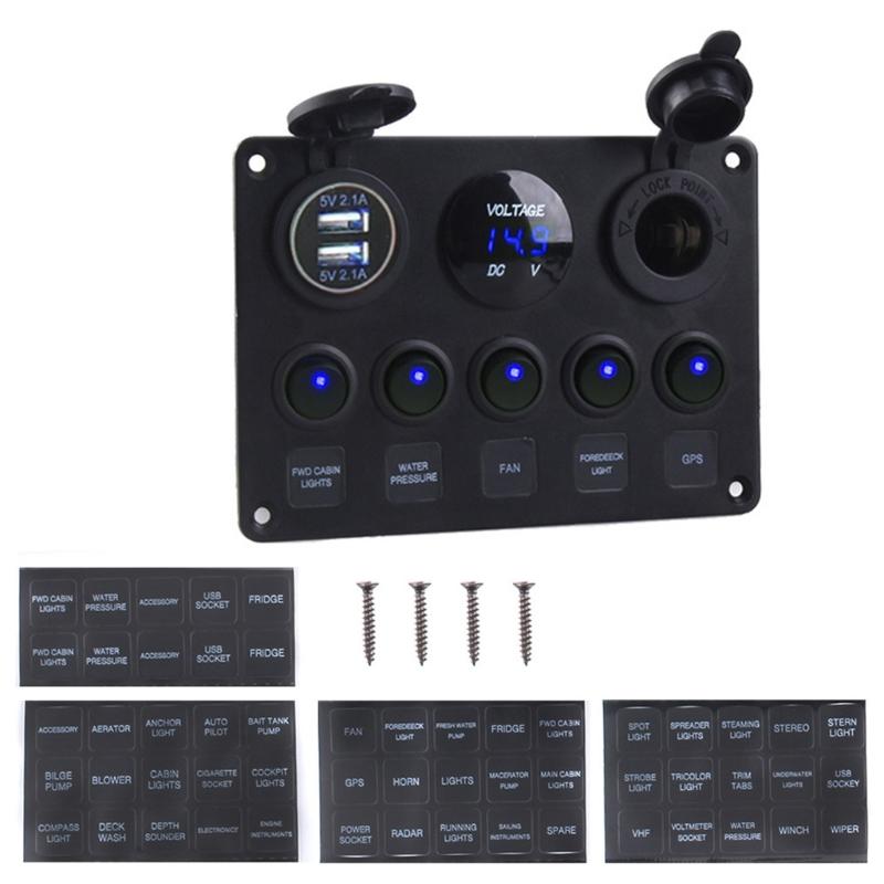 12V 24V 5 Taste LED-Panel Licht Toggle USB Gauge Für Auto Marine Boot Lkw Anhänger Wohnwagen Zubehör