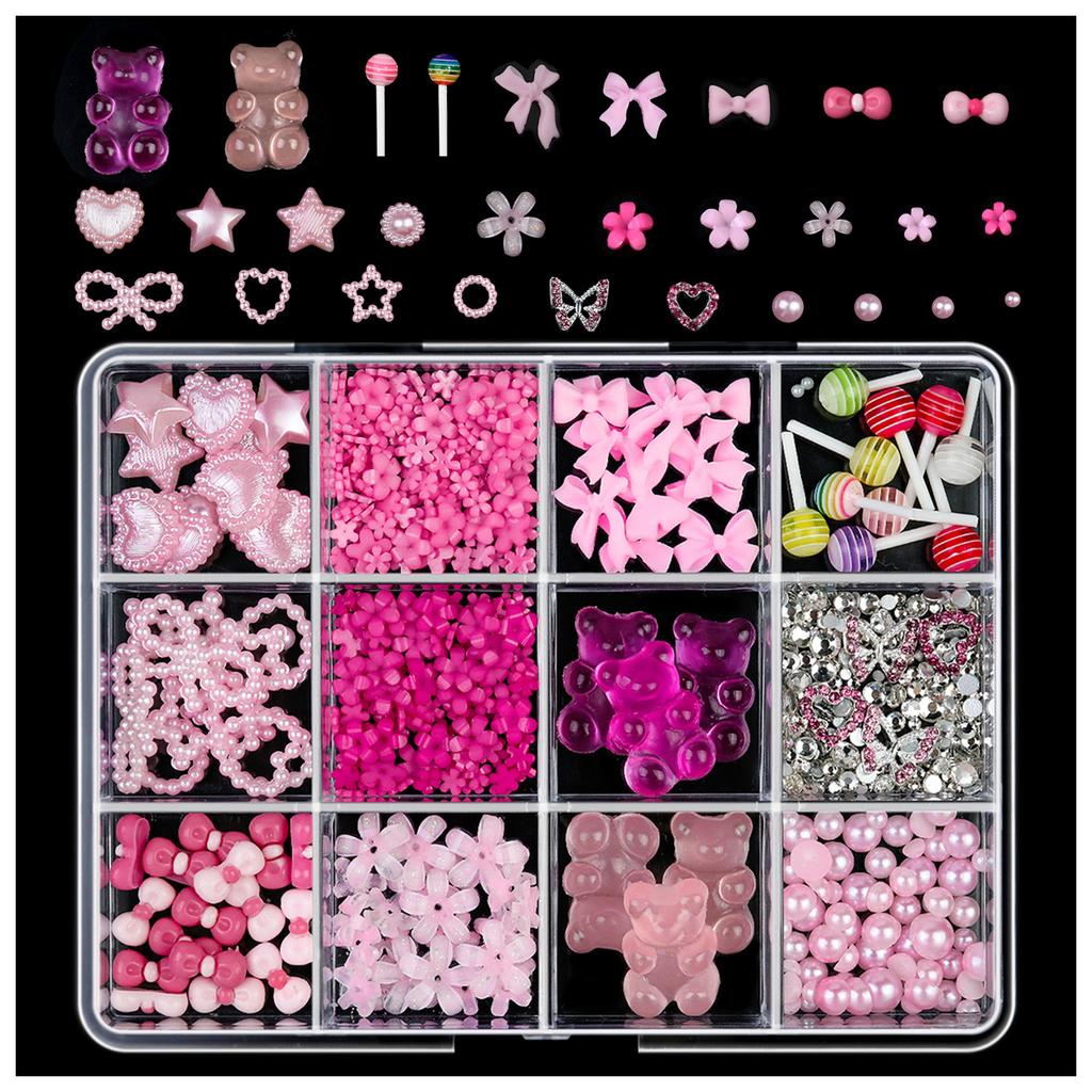1 Box Colorful Mixed Nail Charms 3D Bowknot Flower Star Pearls Rhinestone Nail Art Decorations DIY Manicure for Nail Salon