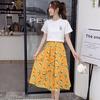 Women Summer Vintage Two Pieces Set Slim Short Sleeve T-Shirt Fruit Printed Skirt Suit High Waist Long Pleated Skirt Casual Suit