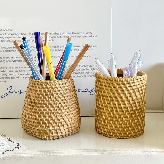 Huaqianguhh Faux Rattan Pen Holder, Woven Style Makeup Brush Boho Desktop Organizer, Multi-functional Resin Pencil Cup for Home Office