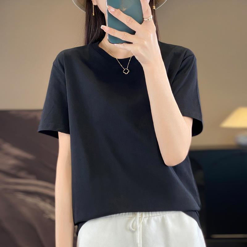 VEZFAA Women's Fashion Summer Spring Casual Solid Color Print Short Sleeve O-Neck T-shirts and Tops