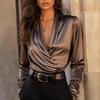 Women's Fashionable Solid Color V-neck Long Sleeved Pullover Casual Versatile Shirt Top