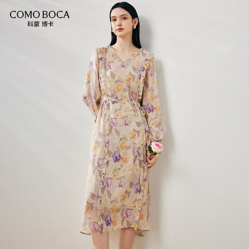 Silk Floral Print Long-Sleeve Belted Dress L