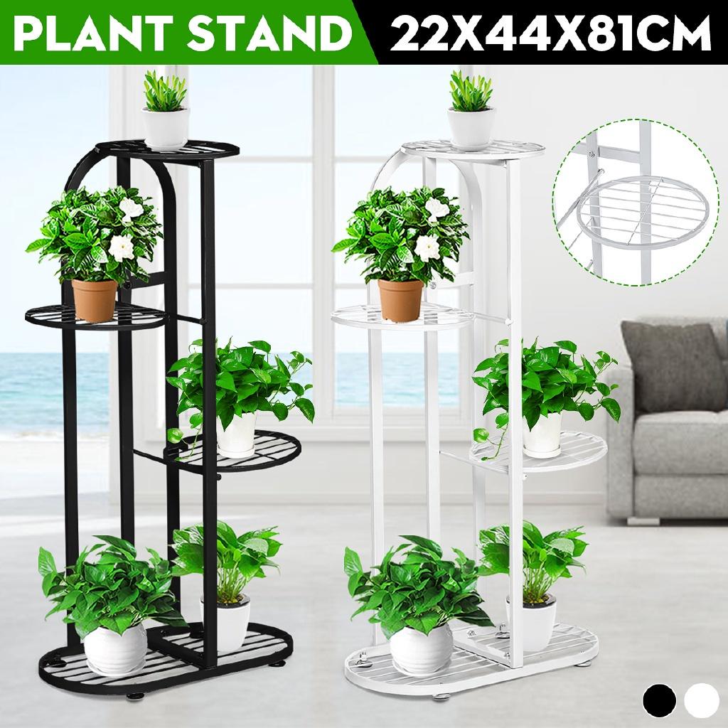 4-Tiers Iron Art Tree Design Plant Stand Holder Flower Pot Rack Garden Shelf Stand Outdoor Indoor Black White 22x44x81cm