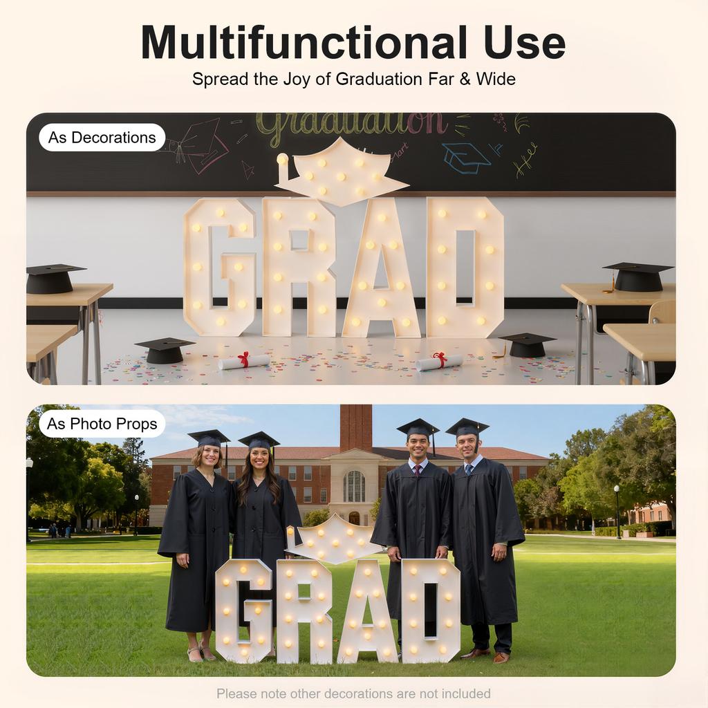 LED GRAD Light Up Letters with Graduation Cap Sign, Foam Board Party Decor for Photo Booth, College Celebration Decoration