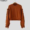 INCERUN Autumn Men Round Neck Long Sleeve Texture Tassel Hem Casual Cropped Pullover Tops