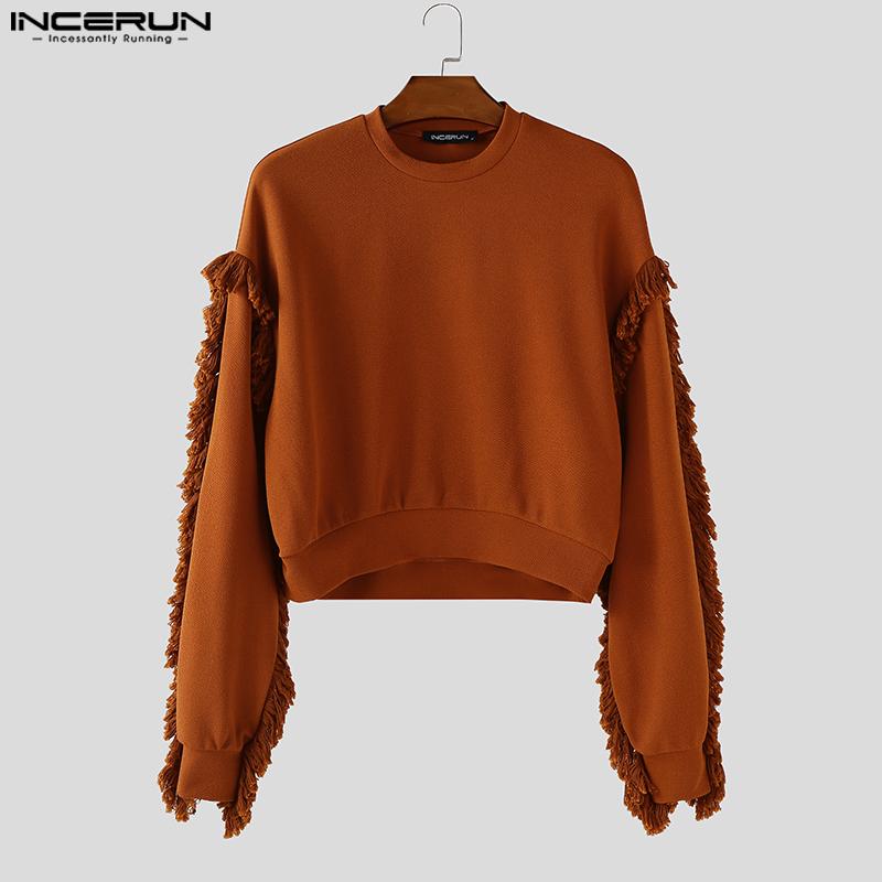 INCERUN Autumn Men Round Neck Long Sleeve Texture Tassel Hem Casual Cropped Pullover Tops