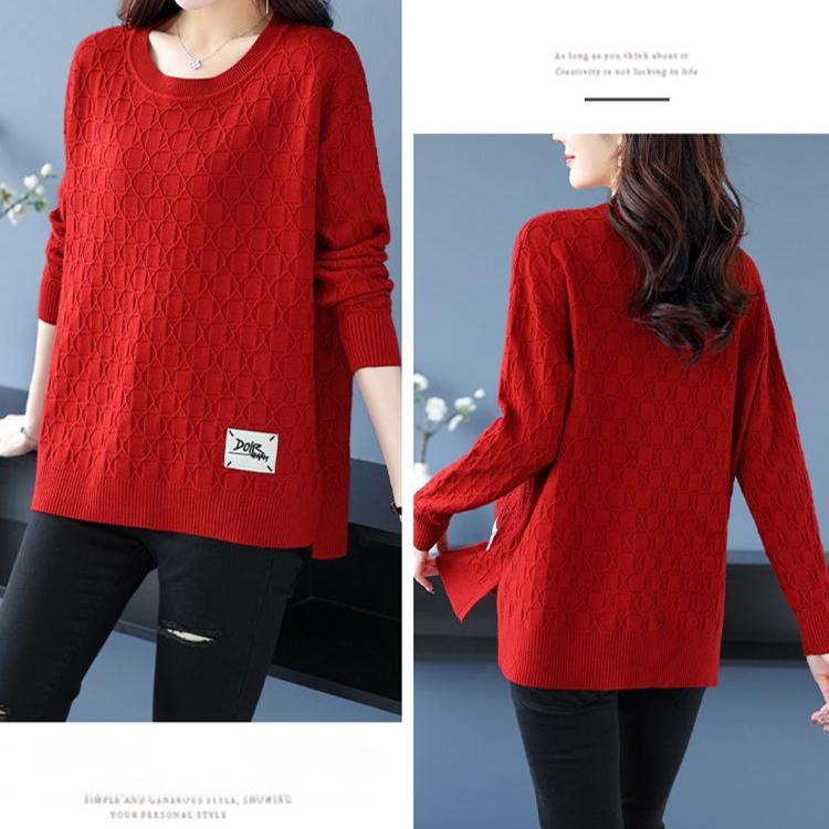 Spring and Autumn Women's Plus Size Knit Sweater Thin Loose Crew Neck Pullover Knitwear Short Slit Stretch Knit Top Jumper