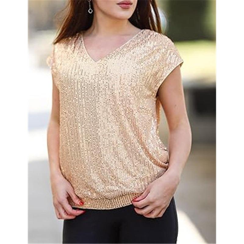Top in Lavorazione con Paillettes Scollo a V da Donna Senza Maniche Scintillante Casual Camicetta