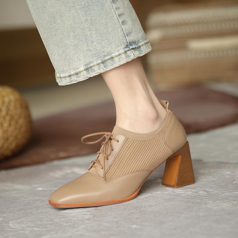 Fashion Comfortable Genuine Leather Women's Ankle Boots Elegant Square Toe Thick Heels Pumps Party Lace-up Shoes Woman 2024 New