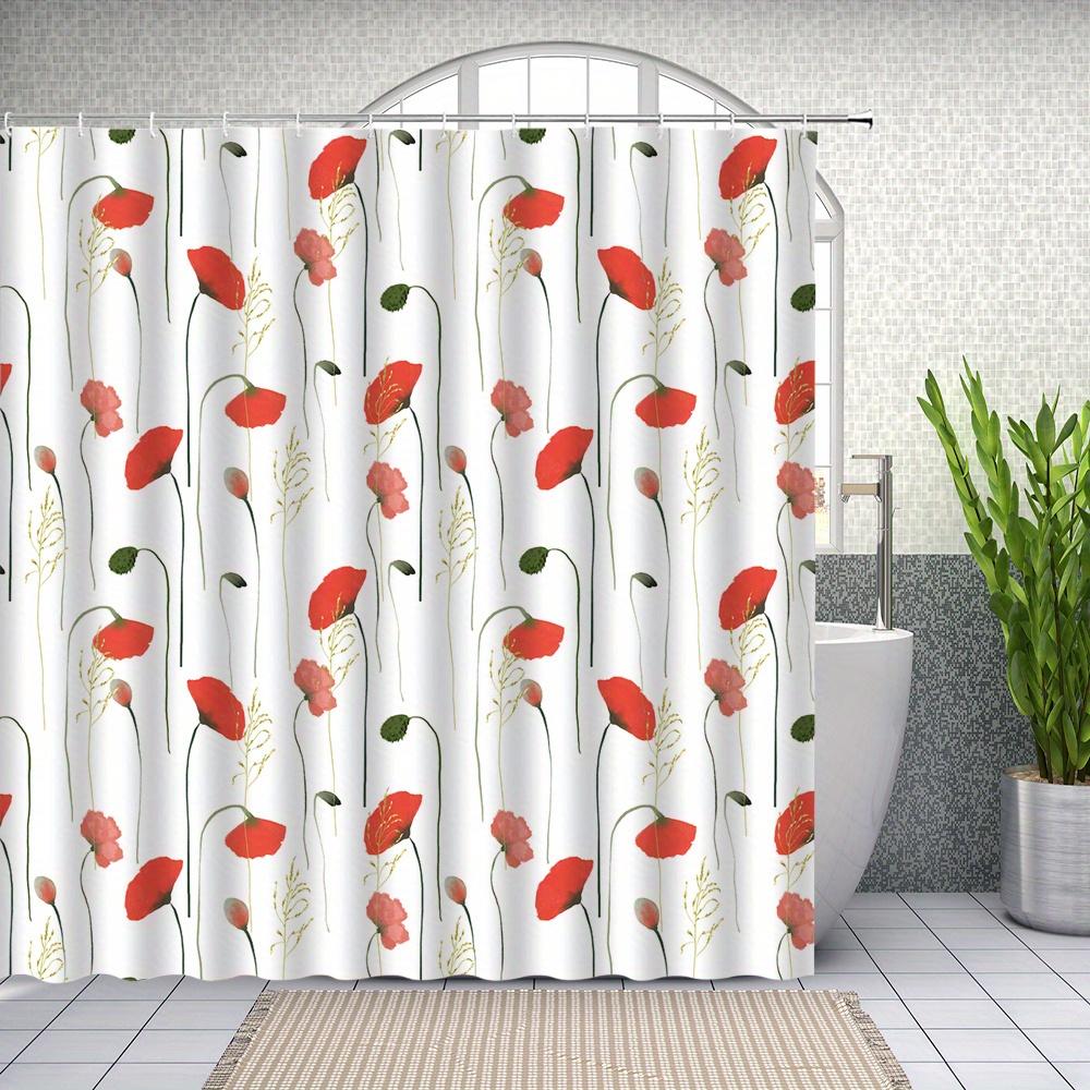 1pc Red Poppy Shower Curtain - Soft watercolor floral pattern, minimalist aesthetic with hooks machine washable polyester fabric