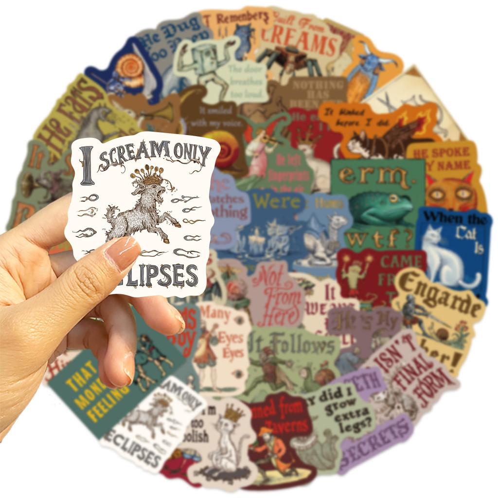 50 kusů Kreslené Středověké Strašidelné Abstraktní Retro Samolepky - Vodotěsné PVC Dekorativní Nálepky pro DIY Pouzdra na Telefon, Lahve na Vodu