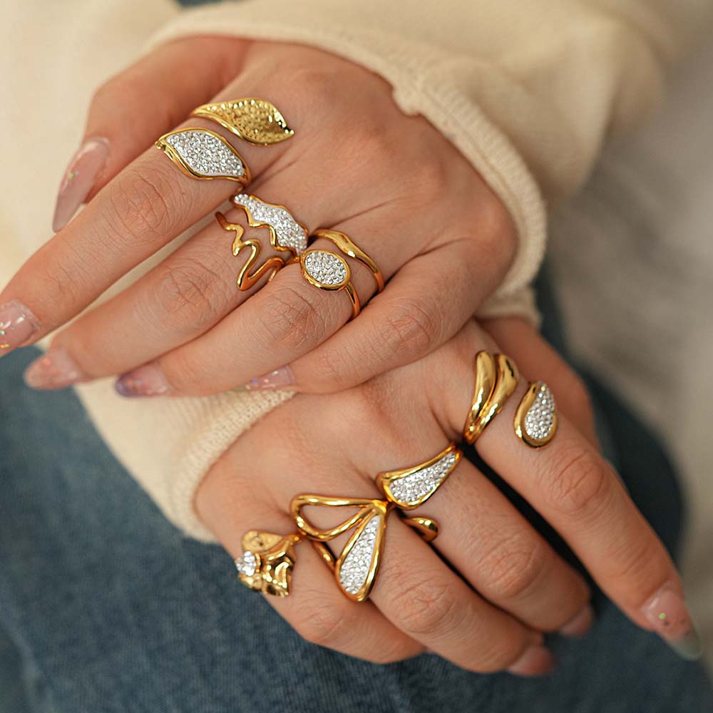 Gold Color Stainless Steel Leaf Rings for Women Vintage Irregular Zircon Crystal Double-Layer Index Finger Rings Jewelry Gifts